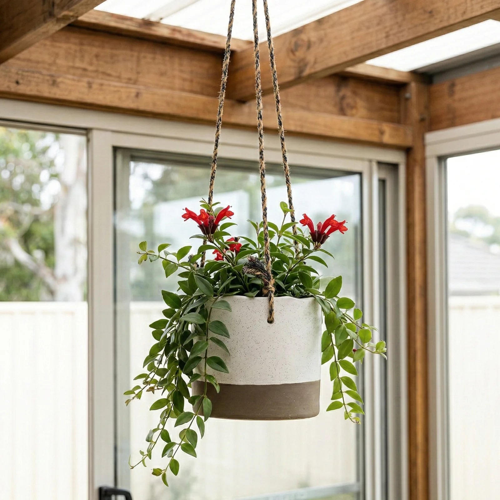 Moda 16cm Beige Ceramic Hanging Planter, small beige glazed ceramic hanging basket pot for indoor plants