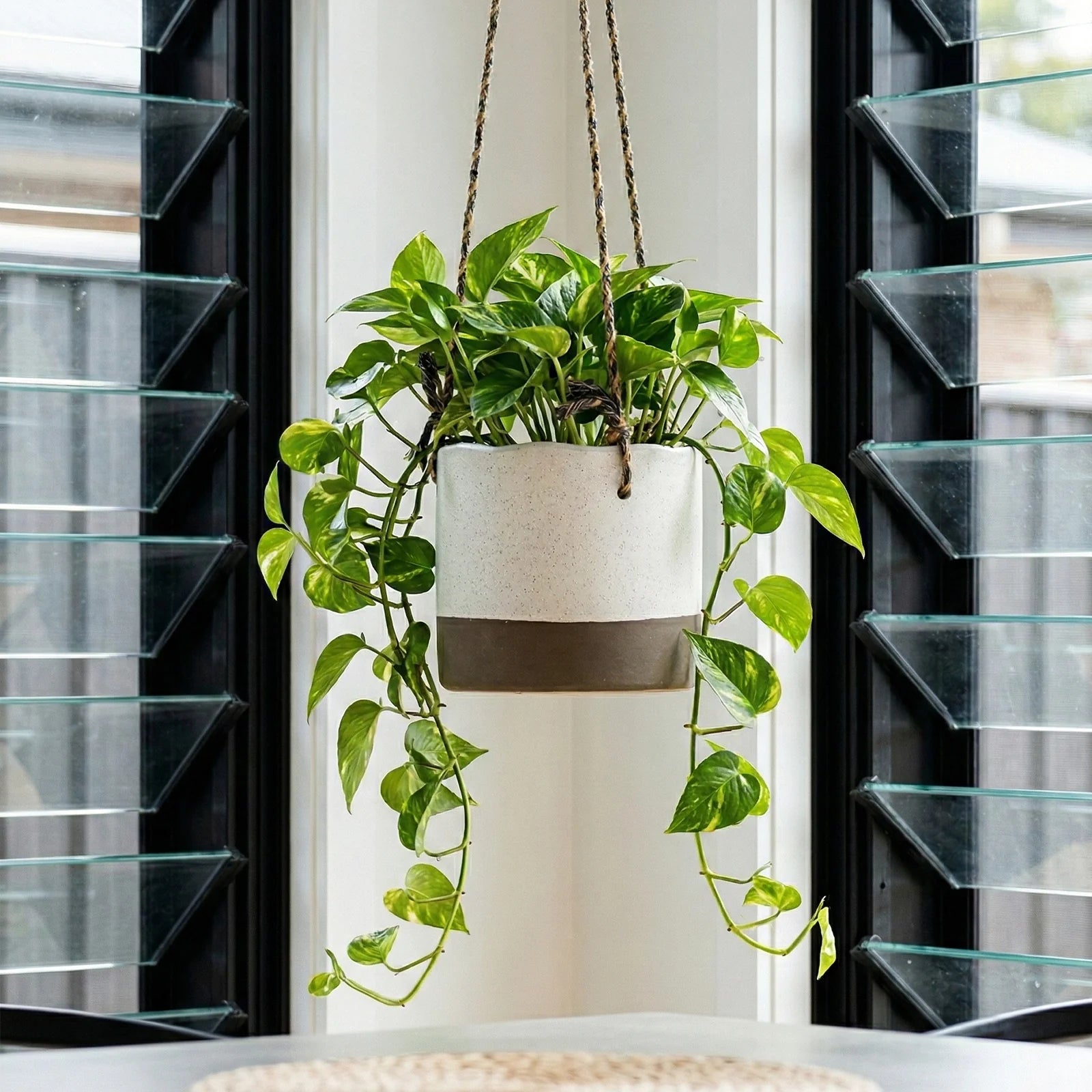Moda 16cm Beige Ceramic Hanging Planter, small beige glazed ceramic hanging basket pot for indoor plants