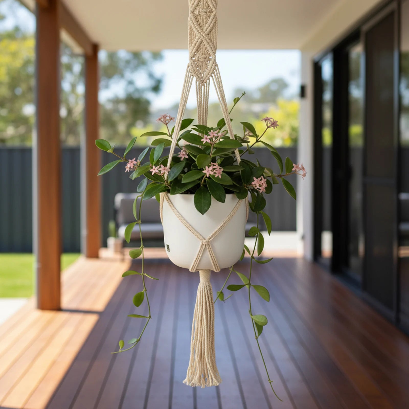 Moda 120cm Artisan Cotton Macrame Plant Hanger in natural cotton rope, boho-style hanging planter for indoor use