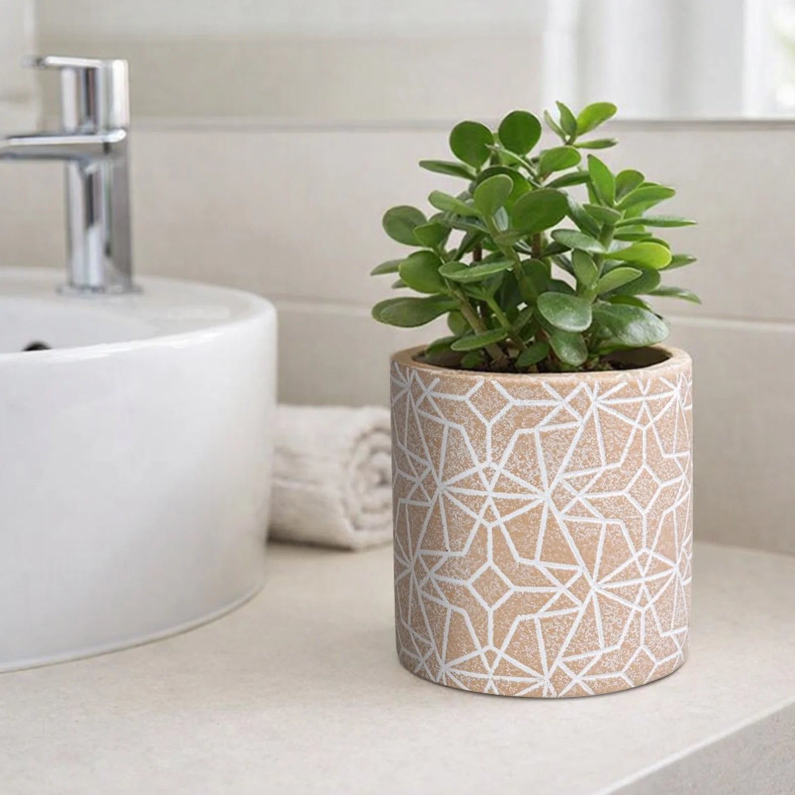 Moda 13.5cm Earth Etch Indoor Concrete Planter, medium textured concrete pot with etched pattern for indoor plants