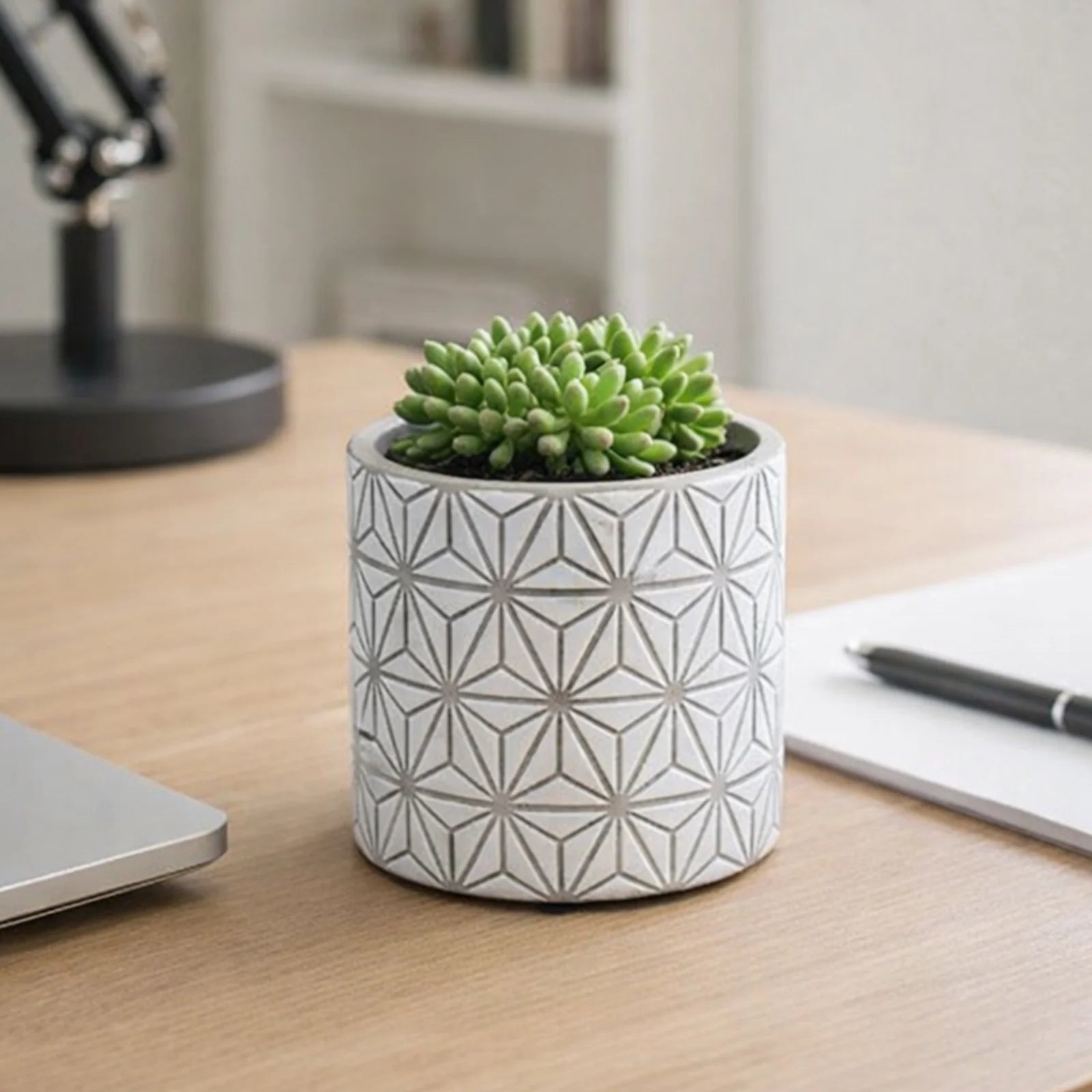 Moda 13.5cm Grey Geo Indoor Concrete Planter, medium geometric-patterned grey concrete pot for indoor plants