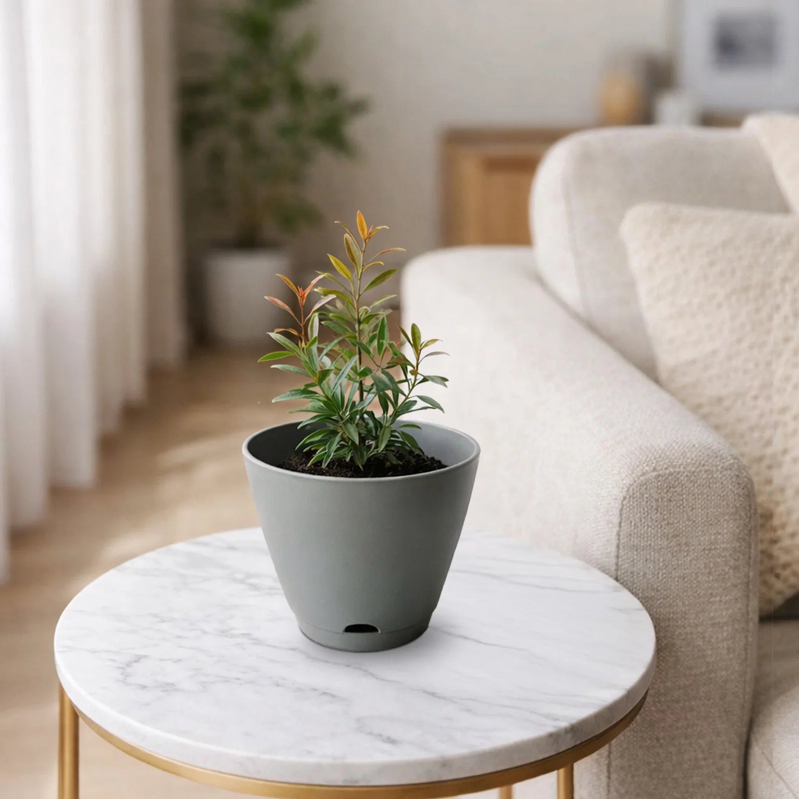 Moda 15cm Grey Oslo Self-Watering Planter, small grey modern round pot with built-in water reservoir