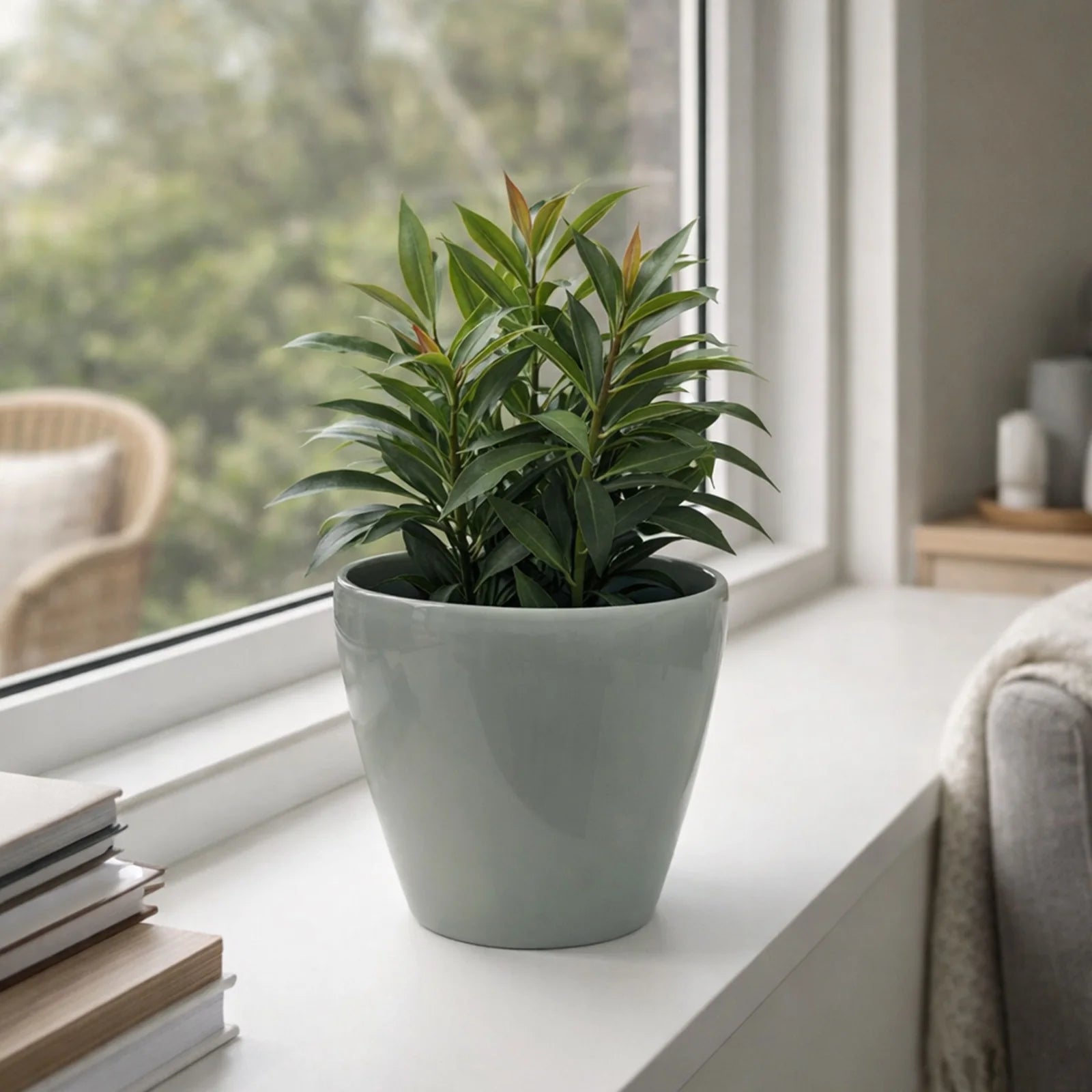 Moda 18cm Sage Round Premium Self-Watering Plastic Pot, small sage green pot with built-in water reservoir