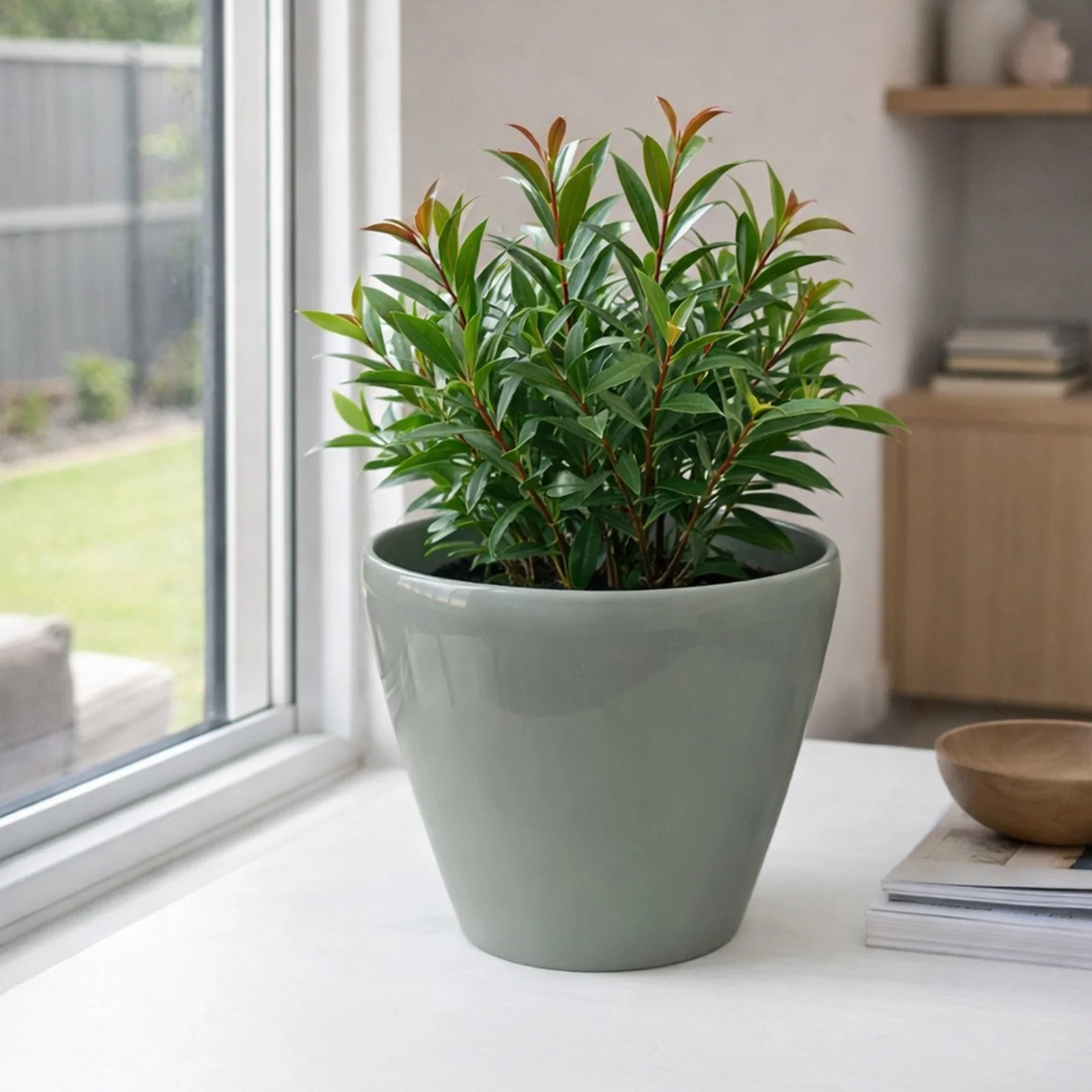 Moda 22cm Blue Round Premium Self-Watering Plastic Pot, medium blue pot with built-in water reservoir