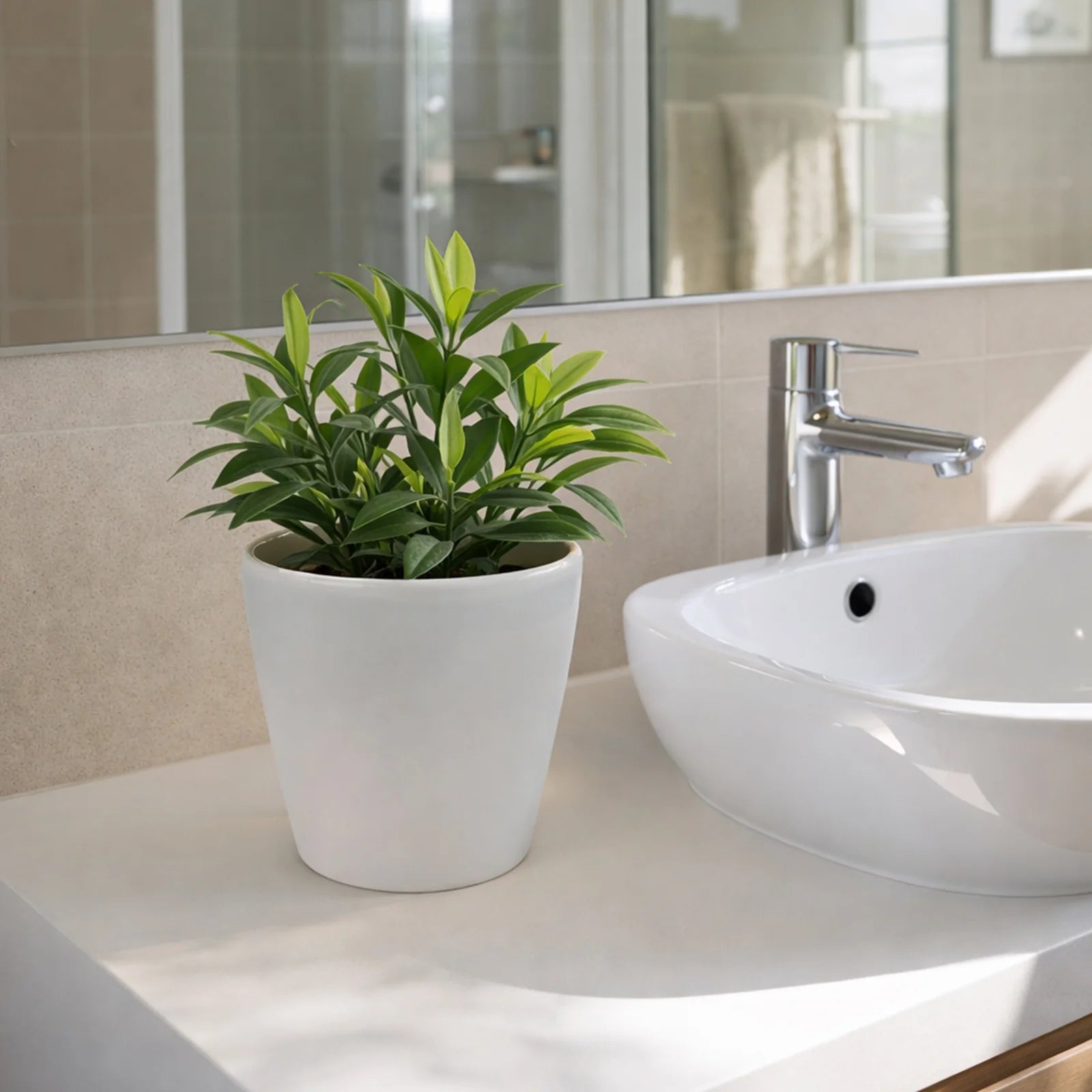 Moda 22cm Warm White Round Premium Self-Watering Plastic Pot, medium warm white pot with built-in water reservoir