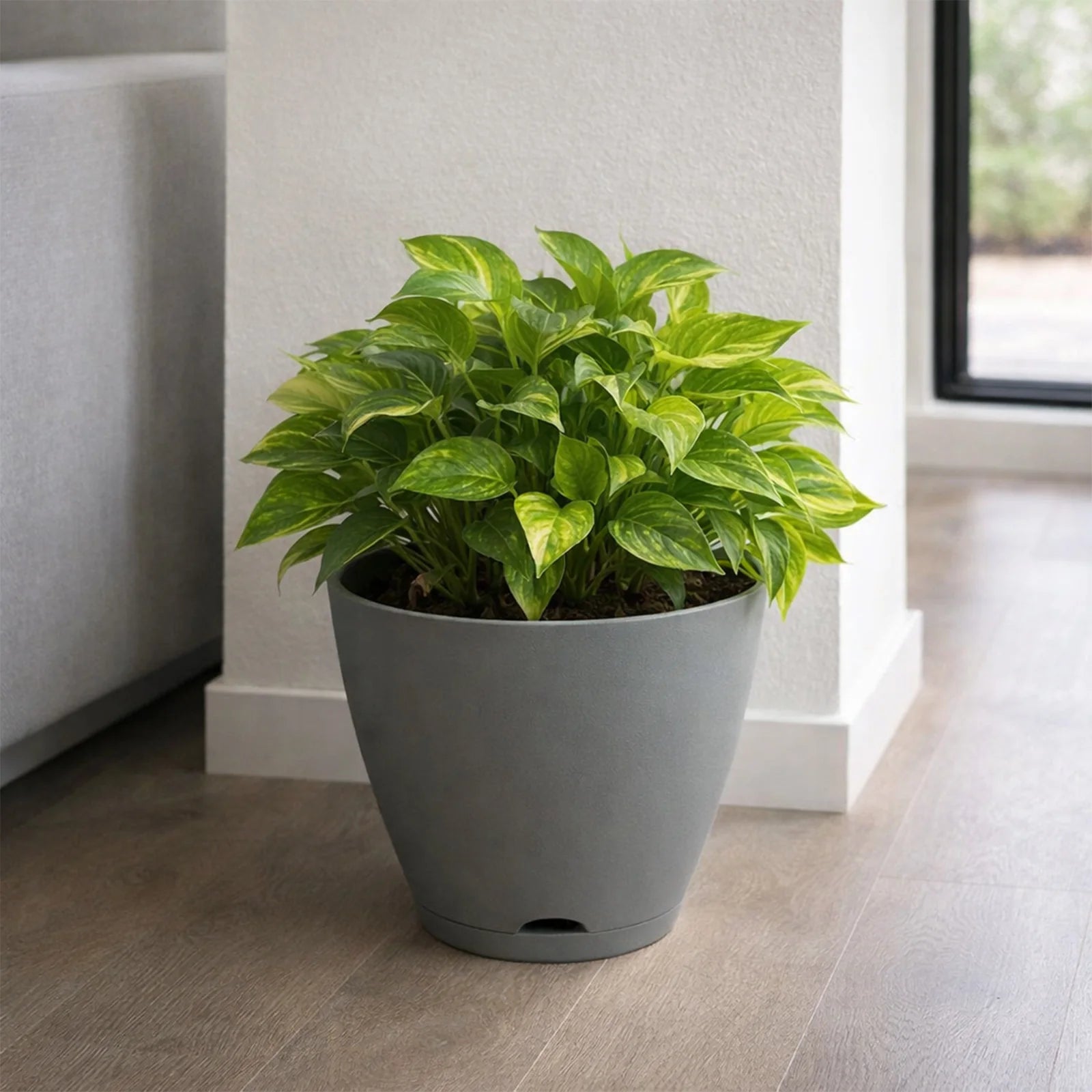 Moda 25cm Grey Oslo Self-Watering Planter, large grey modern round pot with built-in water reservoir