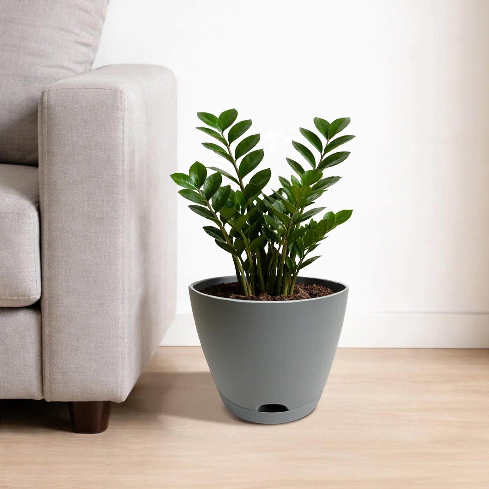 Moda 25cm Grey Oslo Self-Watering Planter, large grey modern round pot with built-in water reservoir