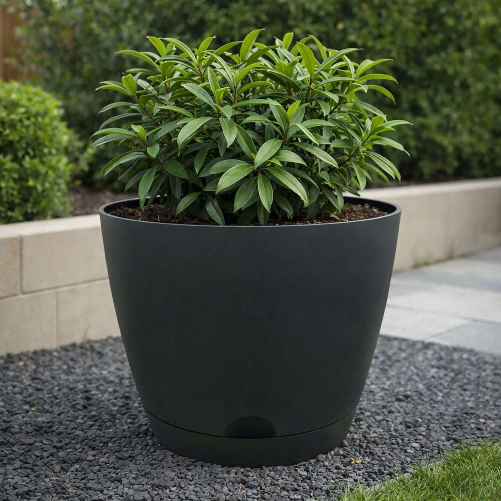 Moda 28cm Charcoal Oslo Self-Watering Planter, large charcoal modern round pot with built-in water reservoir