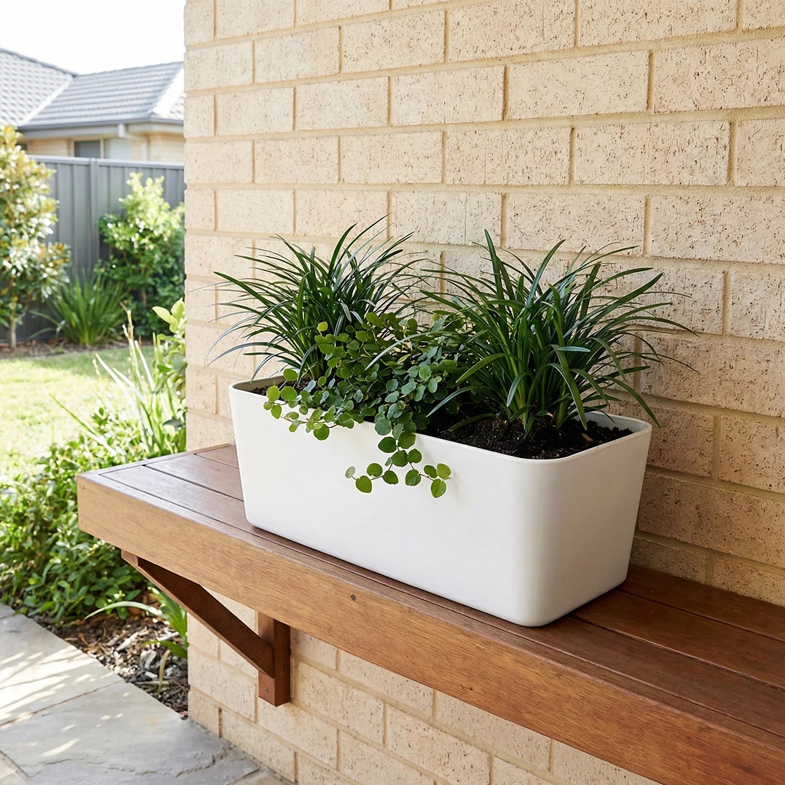 Moda 28cm White Self-Watering Trough Planter, white rectangular plastic pot with self-watering system