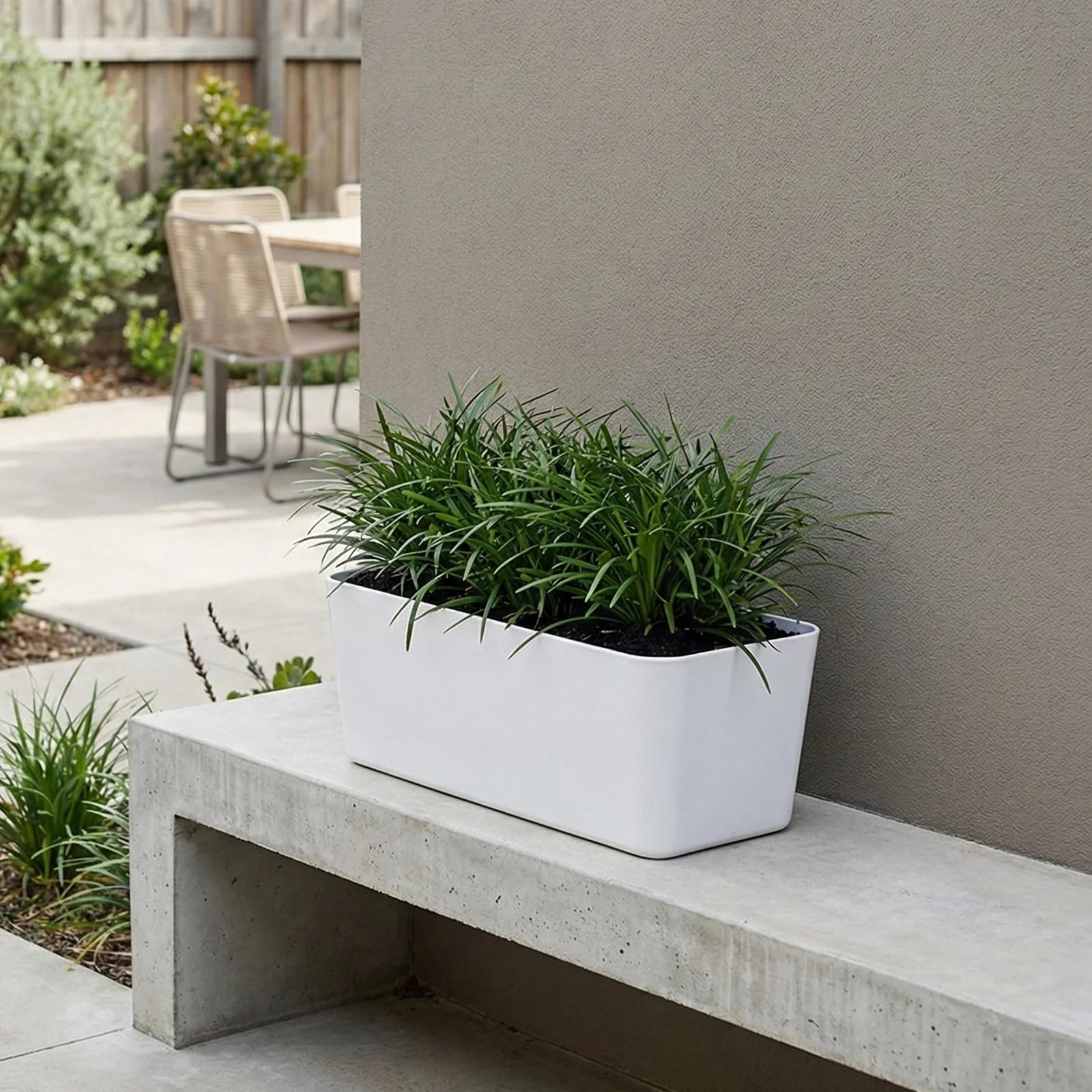 Moda 28cm White Self-Watering Trough Planter, white rectangular plastic pot with self-watering system