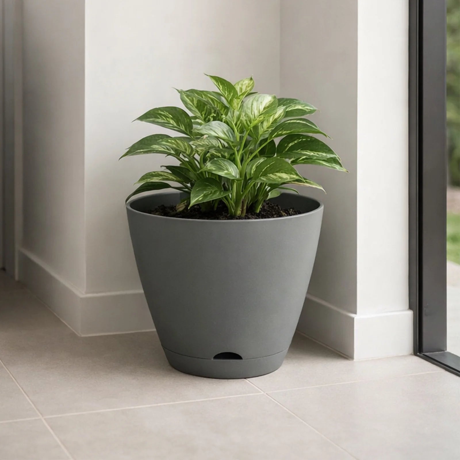 Moda 38cm Grey Oslo Self-Watering Planter, jumbo grey modern round pot with built-in water reservoir