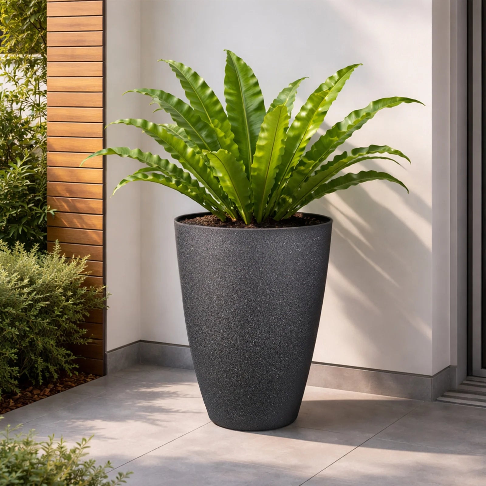 Moda 40cm Black Tall Faux Planter, tall slim black faux stone effect pot for indoor and outdoor plants