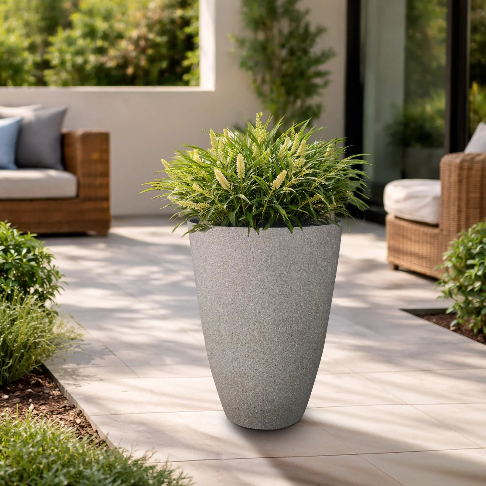 Moda 40cm Sandstone Tall Faux Planter, tall slim sandstone faux stone effect pot for indoor and outdoor plants