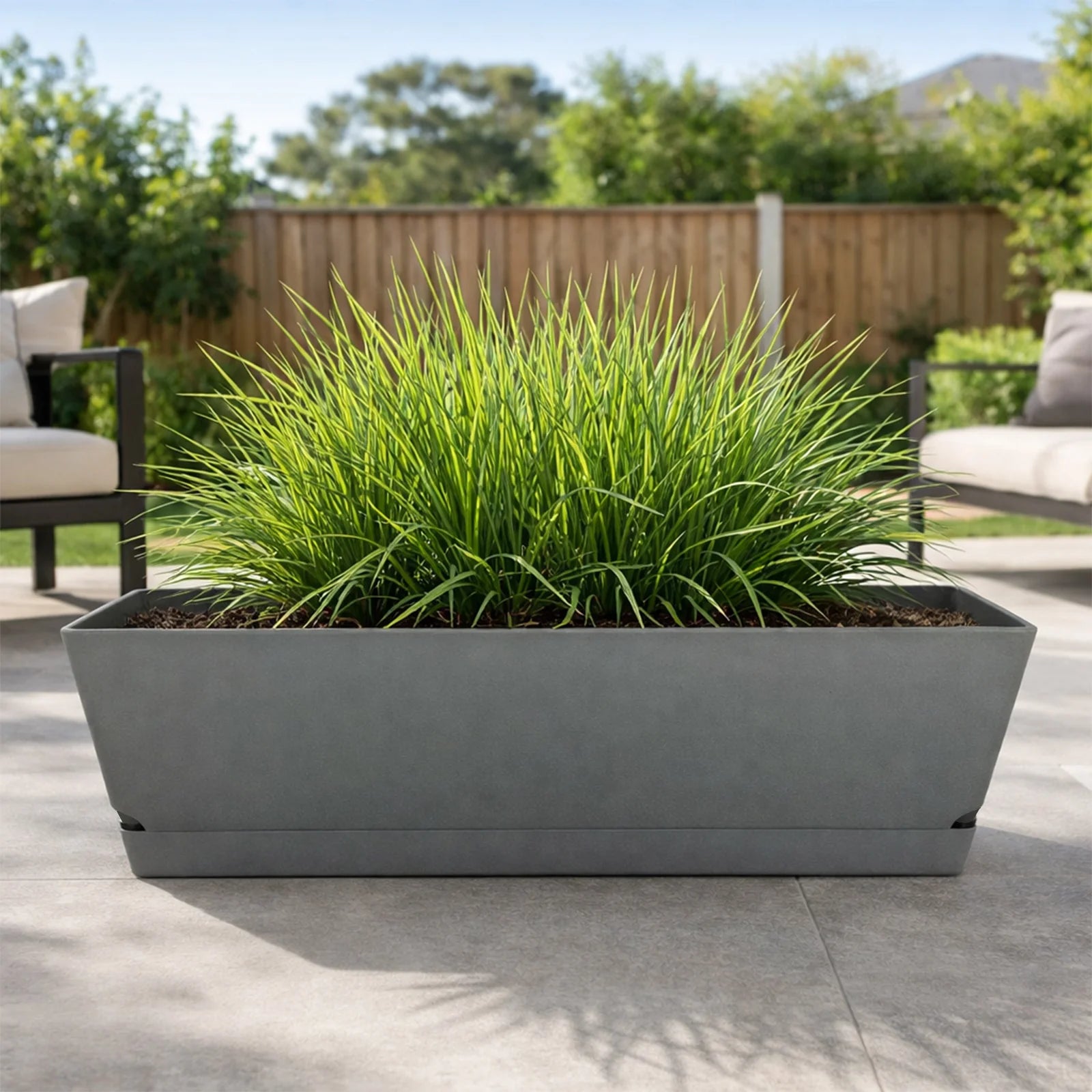 Moda 61cm Grey Oslo Self-Watering Trough Planter, large grey rectangular trough with water reservoir for outdoor use